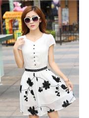 Dual-Tone Floral-Skirt Dress (Code: R1498)